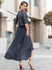 MIUSOL Floral Lace Corset With Ruffle Trim Chiffon Formal Party Maxi Dress, For Valentine's Day Wedding Spring - Grey - View 3