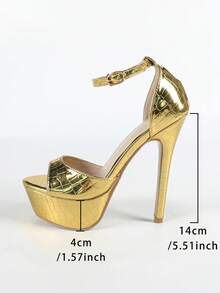 14cm 超高跟厚底露趾細高跟涼鞋，紅色 - 金色 - 查看 5