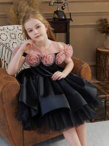 Abito da damigella d'onore per ragazza giovane in stile palazzo con rose 3D in tulle, abito da principessa adatto per feste di compleanno, balli, matrimoni, cerimonie importanti e festival - nero - Visualizzare 6