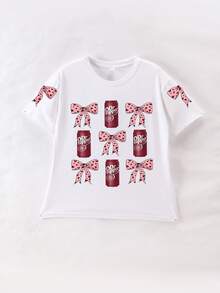 Tween Girl Casual Simple Girl T-Shirt Red Bow And Soda Pattern Pullover Round Neck Short Sleeve T-Shirt Kids Clothes Girls Summer New Short Sleeve Top - White - View 2