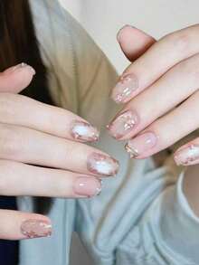 10Pcs Pink Hand-Painted 3D Flower Faux Pearl Chain French Bright Faux Pearl Cat-Eye Floral Wearable Nail Home Dating Short Trapezoid Detachable Full Cover Fake Nails For Nail Art Diy Lovers Ladies And Girls Press On Nails Nail Supplies Nails - Hồng - Xem 4