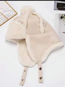 1 件儿童纯色可爱单绒球装饰保暖内衬护耳帽，户外冬帽，新年礼物