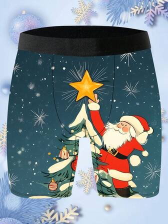 淘气可爱居家休闲男士长款平角内裤，圣诞图案定位印花，牛奶丝针织面料，柔软亲肤，速干透气，圣诞礼物，1条装男士新奇短裤