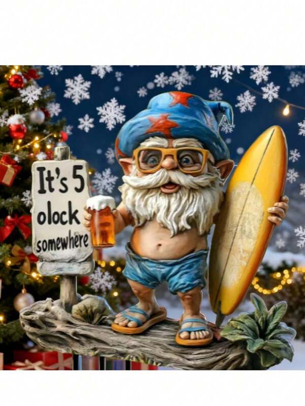 1pc Colorful Surfing Gnome Acrylic 2D Flat Garden - "It's 5 O'Clock Somewhere" Hawaiian Beach Themed Outdoor Decorative Art Sign, Suitable For Planters And Landscaping, Yard Decor, Ideal Gift For Family, Friends And Surf Enthusiasts, Christmas