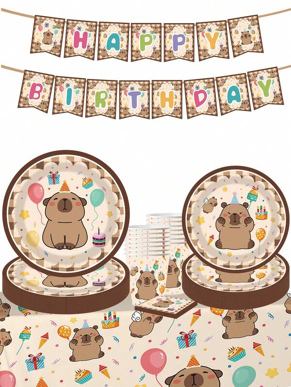 10 Stücke Geburtstagsdekoration Capybara Geburtstags Teller, Becher, Servietten, Tischdecken, Fahnen, Geburtstags Party Geschenke