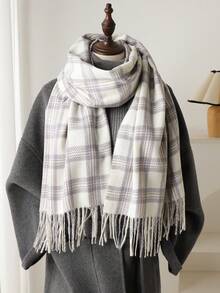 1 pieza Elegante bufanda/echarpe de mujer a cuadros multicolor con flecos de imitación de cachemira, Chal/pashmina de cachemira, Bufanda de cuello unisex estilo grueso y casual para el invierno, Chal envolvente para mujer, Suave y cómoda, Para uso diario y salidas, así como regalos navideños para miembros de la familia