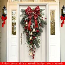 Guirlanda de Natal com laço, sinos dourados e fita vermelha, feita de poliéster, medindo 70,8 x 35,4 polegadas. Uma decoração festiva ideal para a porta de entrada e também para as celebrações de Natal e Ano Novo.