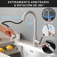 Grifo para Fregadero de Cocina, Mezcladora para Fregadero de Acero Inoxidable 304 con 2 Modos de Chorros y Rotacin 360, Manguera Extrable, Monomando de Cocina para Lavado Eficiente - Plata - Ver 6