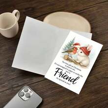 1张可爱兔子和小鸟贺卡，含信封（11厘米 x 16厘米 x 4.33英寸 x 6.29英寸） - “最佳圣诞礼物：朋友”设计，兔子、小鸟和圣诞树的欢乐场景，送给亲朋好友的完美礼物，圣诞节和新年祝福的理想之选，节日贺卡|节日友谊贺卡|纸质贺卡 - 彩色 - 查看 6