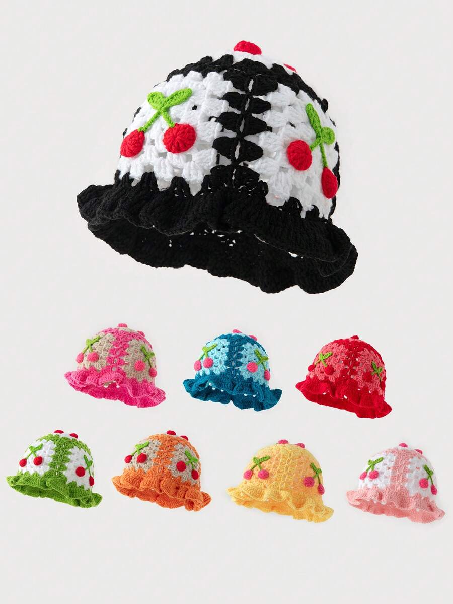 1 件女士手工钩针樱桃针织渔夫帽，温暖且适合秋冬季日常穿着 - F - 查看 1
