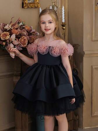 年轻女孩 3D 玫瑰薄纱优雅宫廷风格花童礼服，公主裙适合女孩生日派对、舞会、化妆舞会、婚礼花童、伴娘、婚纱、重要场合和节日