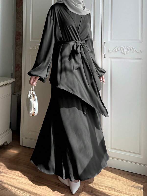 2pcs Elegant Abaya Set, Lantern Sleeve Outer Robe & Robe, Solid Color Waist Belt, Draped Asymmetric/Asymmetrical Formal Evening Gown, Beach