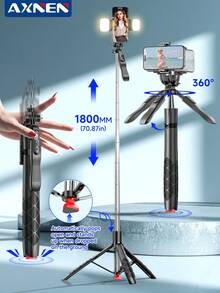 AXNEN 180厘米/70.87英寸蓝牙自拍杆三脚架,360°旋转手机支架,带暖光/中性光/冷光三种模式,便携式自动伸缩三脚架,三合一手持/桌面/三脚架模式,兼容GoPro、相机、智能手机,适用于Vlog、户外、旅行、防抖直播、拍摄、录制、摄影 - 彩色 - 查看 3