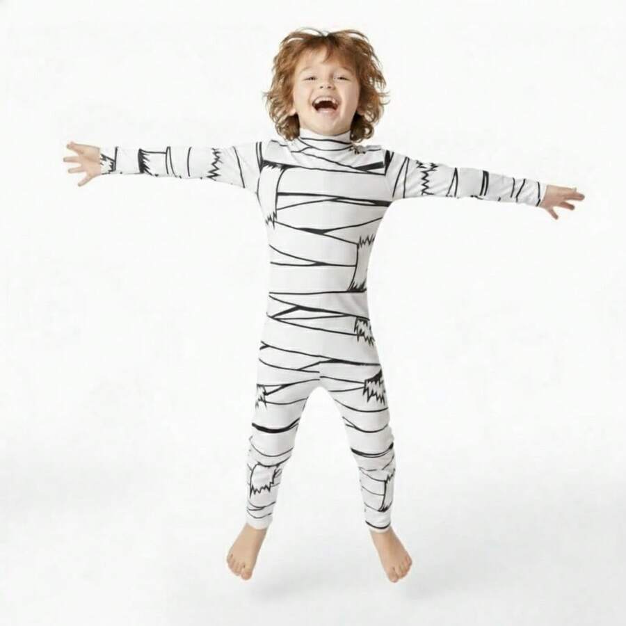 Mummy Costume, Full Body, Thick Unitard, Lycra - Black and White - View 1