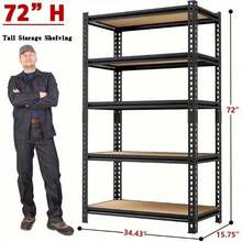 Heavy Duty 5-Tier Metal Garage Shelving Unit, 35.5inch W X 72inch H X 16inch D, Adjustable Storage Rack With Rolled Edge Design, 2500 Lbs Capacity, Easy To Assemble, Suitable For Garage, Pantry, Closet Or Office, Garage Accessories - 黑色 - 查看 2