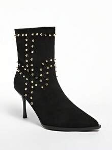 New Women's Brown Suede Rivet Decor Pointed Toe Stiletto Heel Ankle Boots - Black - View 7