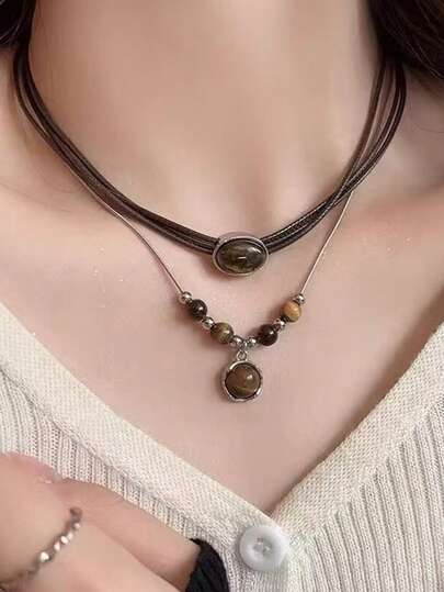 2pcs Vintage Elegant Minimalist Tiger Eye Stone Handmade Leather Necklace Set, Suitable For Sweater, Date, Party, Christmas, Birthday, Holiday, Versatile Daily Wear