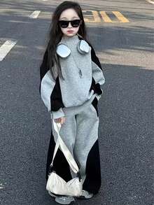 2pcs/Set Girls Casual Sports Street Fashion High-End Design Contrast Color Loose Top And Pants Set, Autumn/Winter - Multicolor - View 2