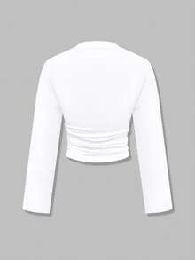 New Stylish Solid Color Ruffle Trim Elegant Long Sleeve Round Neck Blouse, Suitable For Vacation, Date, School, Travel, And Daily Wear - White - View 7