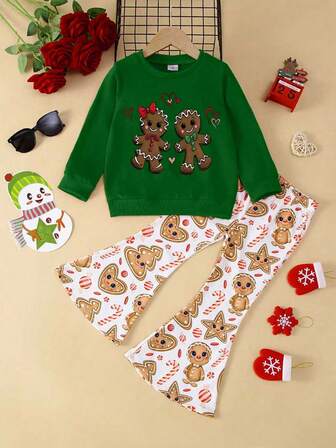 2件套女童休闲熊印花长袖卫衣和喇叭裤套装，秋冬，圣诞节