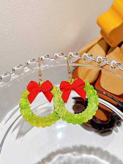 1 Pair Cute Christmas Bling Bling Acrylic Earrings, Glitter Floral Wreath With Bow, Sweet & Fun Ins Style Women Earrings, Holiday Gift