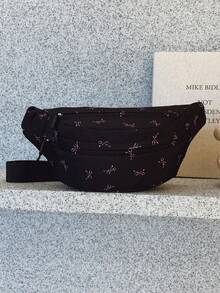 1 Stück Vorderer Reißverschluss Bedruckter Schleifen Nylon Stoff Lässige Brusttasche, geeignet für Teenager Mädchen, weibliche Studenten, Erstsemester und Büroarbeiter, perfekt für Büro, Uni, Arbeit, Geschäft, Pendeln, Outdoor, Reisen, Ausflüge, erster Schultag College Stil Hüfttasche