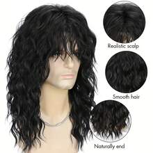 1 件 70 年代 80 年代摇滚朋克男士假发，耐热长卷发，透气网帽，适合主题派对、音乐节、万圣节和角色扮演（黑色，复古摇滚明星合成头发）长波浪黑色摇滚风格假发 - 高温纤维，水波卷曲 - 彩色 - 查看 3