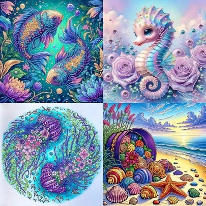 1 st specialformad kristall strass delvis mosaik hantverk, 5D DIY skimrande flerfärgad karp, sjöhäst, sjöstjärna, manetmönster diamantmålningssats för nybörjare, väggdekor för sovrum, kontor, vardagsrum, julklapp