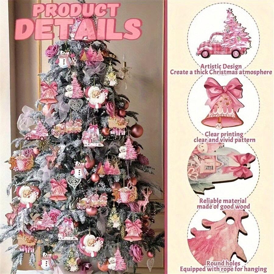 12pcs - Pink Pendant Vintage Wooden Decoration Rural Farmhouse Pendant, Christmas Pendant Gift