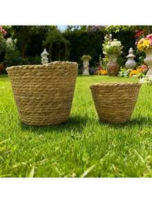 1pc Handwoven Straw Planter Basket, Wicker Plant Pot Cover For Home, Living Room Decor