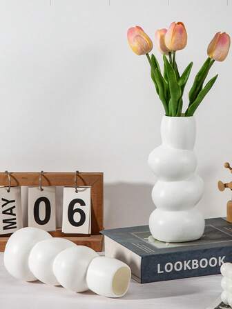 1 Piece Plastic Flower Vase, White Ceramic Look Flower Vase, Nordic White Plastic Vase Unbreakable For Tulip Flower Arrangements. Home Decor, Table, Shelf, Mantel, Entryway And Centerpiece.