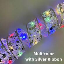 Silver & Gold Battery-Powered LED Christmas Ribbon Lights (Batteries Excluded) - Flexible, Ribbon & Bow, Indoor/Outdoor, Warm White/White/Multi-Color, Steady/Flash, Ideal For Wreath, Staircase, Holiday Decor