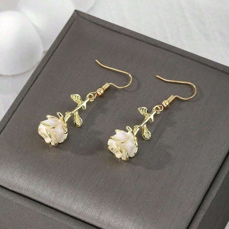 1 Pair Romantic Cute Metal Rose Flower Red Enamel Creative Punk Drop Earrings, Suitable For Holidays, Parties, Dates - 白色 - 查看 1