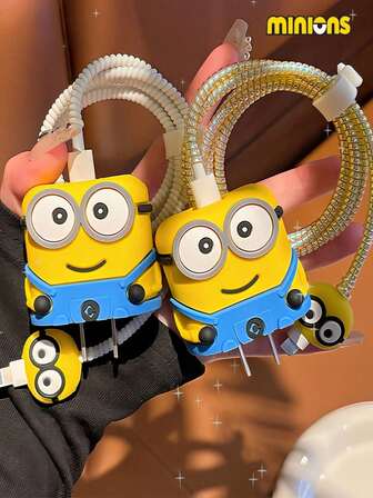  1/2pcs Cute Minions Silicone Protective Case Compatible With Apple 20W Charger Fun Charging Accessory With Cable Protector Anti-Breakage Design Two Colors Available