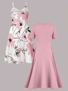 Plus Size Vintage Flower Print Slip Dress With Solid Color Cardigan Set, Elegant Style For Spring/Summer - Baby Pink - View 5