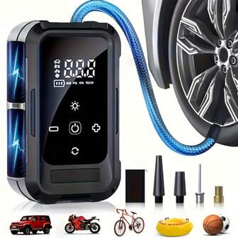 Inflador de Pneu, Compressor de Ar Portátil - Acessórios Automotivos 150 PSI Bomba de Ar Manual Sem Fio para Carro com Luz LED Embutida Modelo Atualizado com Estojo de Armazenamento em EVA 7,4V/12V DC 1300mAh Bateria de Íon de Lítio Adequado para Carros/Motocicletas/Bicicletas/Bolas de Basquete Acessório Essencial para Carro/Presente