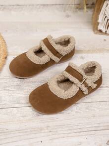 幼儿保暖毛绒魔术贴圆头平底套脚毛绒鞋,适合秋冬季穿着 - 黃色 - 查看 4