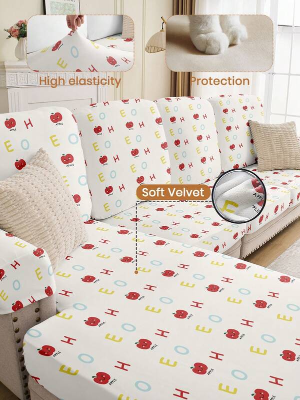 1pc Printed Sofa Cushion Cover, Stretch Soft Couch Covers For Sofa, Velvet Sofa Cover, Modern Style Sofa Cover, Apple Print Cushion Cover, Washable Non-Skid Sofa Skidcover Furniture Protector, Dust-Proof And Anti-Scratch Decorative Protective Cover, Pet Proof Fabric, Fits For L-Shaped, 1/2/3/4 Seat Couch, Use In Living Room/Bedroom/Office For All Season, Winter Decor, Room Decor, Year-End , Holiday Season , Fruit Print Pattern