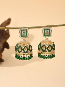 1pair Exaggerated Luxury Bollywood Style Dangle Earrings,Square Design Earrings With Handmade Beads Tassel, Jewelry For Women Daily Wear,Party And Weddings, Women's Gifts