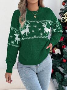 Women's Fashion Christmas Themed Deer & Snowflake Patchwork Knit Long Sleeve Pullover Sweater, Autumn/Winter - Green - View 1