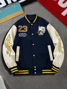 Men's Long Sleeve Casual College Style Patch Button Baseball Jacket, Fall Men Graphic Varsity Jacket, Christmas,Valentine's Day Gift