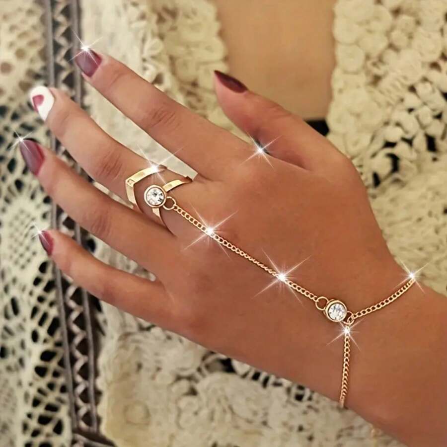 Women's Punk Ring-Chain Bracelet - Metal With Stones | Edgy Hip-Hop Style (Daily/Party, Year-Round) - Vàng - Xem 1