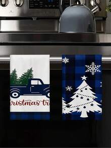2 piezas/4 piezas/12 piezas Toallas de cocina con patrón de coche navideño azul, toallas de baño con patrón de árbol de Navidad, toallas para fiestas navideñas al aire libre, decoración navideña para el hogar, decoración navideña de cocina, estilo moderno, secado rápido, material de microfibra súper suave, rectangular, 40 * 60 cm, patrón de impresión digital, adecuado para decoración de fiestas al aire libre, regalos navideños