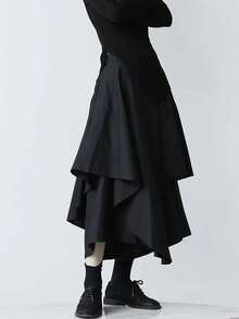 女士哥特风不对称短裙，松紧腰，优雅梭织面料，不对称设计，休闲日常约会款，春夏款 - 黑色 - 查看 4