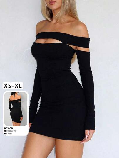 Vestido mini ajustado de manga larga con hombros descubiertos, escote hueco y espalda descubierta, de unicolor y estilo minimalista y sexy, nuevo lanzamiento para otoño, fiestas y vestidos de otoño para mujeres