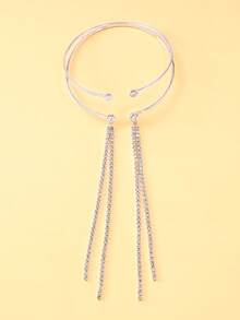 1pc Fashionable Double-Layer Metal Arm Cuff Bracelet For Women, Rhinestone Tassel Chain Arm Jewelry, Party Accessory Gift