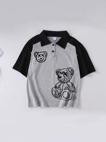 Camiseta polo informal para niño preadolescente con estampado de oso de dibujos animados simple y lindo, cuello polo, manga corta, ropa de verano nueva para niños - Gris - Ver 2