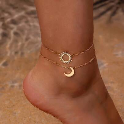 2 Stücke/Set Sonne & Mond Anhänger Fußkette - Vintage Kette Knöchelarmband im Mittleren Osten Stil, verstellbar, Boho Luxus Strand Charms Schmuck Geschenk für Frauen Sommer Strand Accessoires