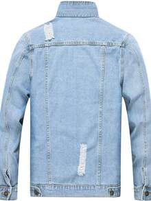 Classic Men's Denim Jacket Retro Men's Ripped Casual Denim Jacket Turn-Down Collar Single-Breasted Men's Denim Coat - 淺色水洗藍 - 查看 2