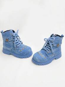 1 Pair Children's Round Toe Boots With Side Zipper And Front Lace, Casual Daily Wear, Suitable For School And Commute, Autumn/Winter - Blue - View 5